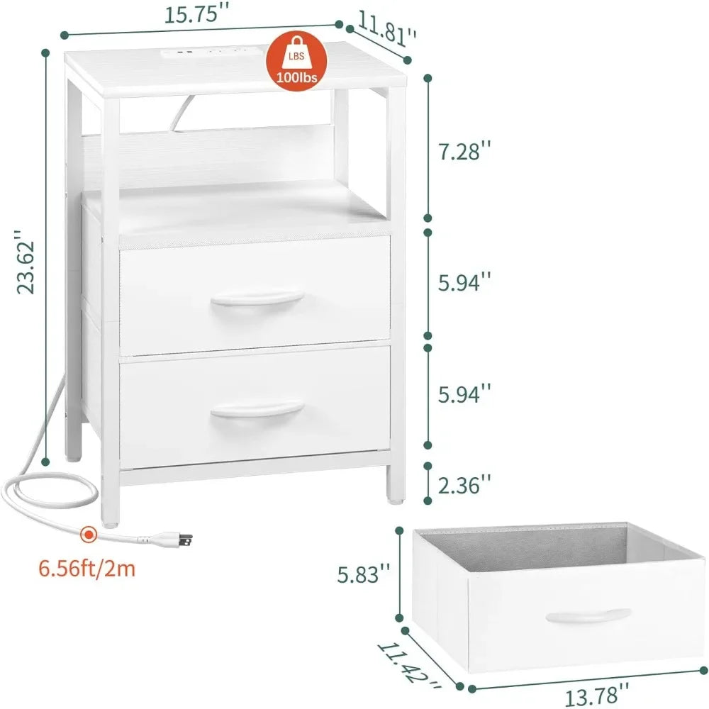 Nightstand with Charging Station, LED Night Stand with Fabric Drawers and Storage Shelf