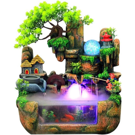 Indoor Relaxation Desktop Fountain Waterfall with Rockery, Aquariums, Atomizing Humidifier