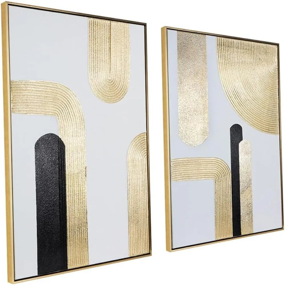 Black Gold Abstract Wall Art - Geometric Line Spiral Duo , Set of 2, 24 x 36 Inches