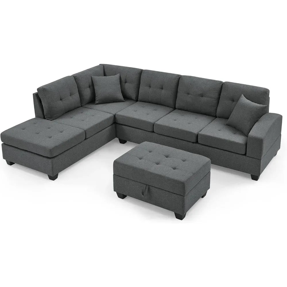 Living Room Sofa Set , L Shape Modular Storage Ottoman & Chaise, Cup Holder