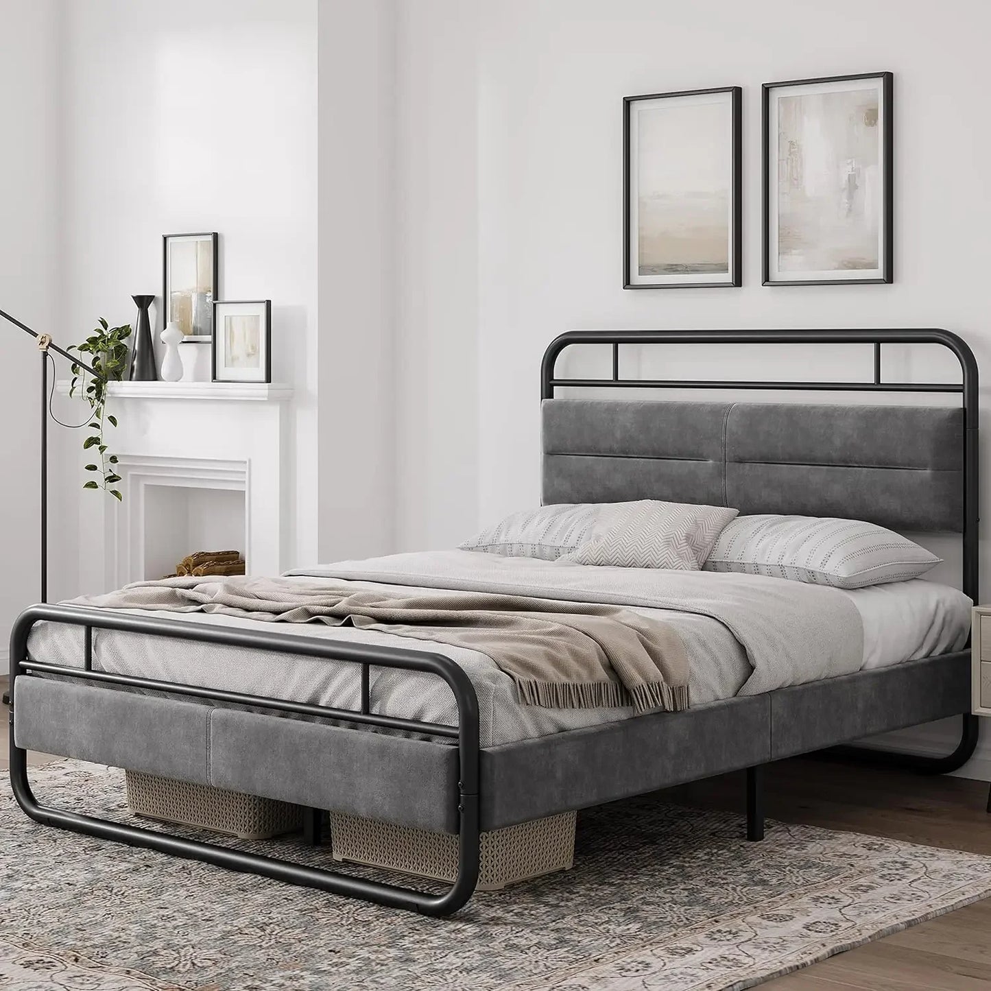 Heavy Duty Metal Bed with Curved Upholstered Headboard Queen/Full Dark Grey