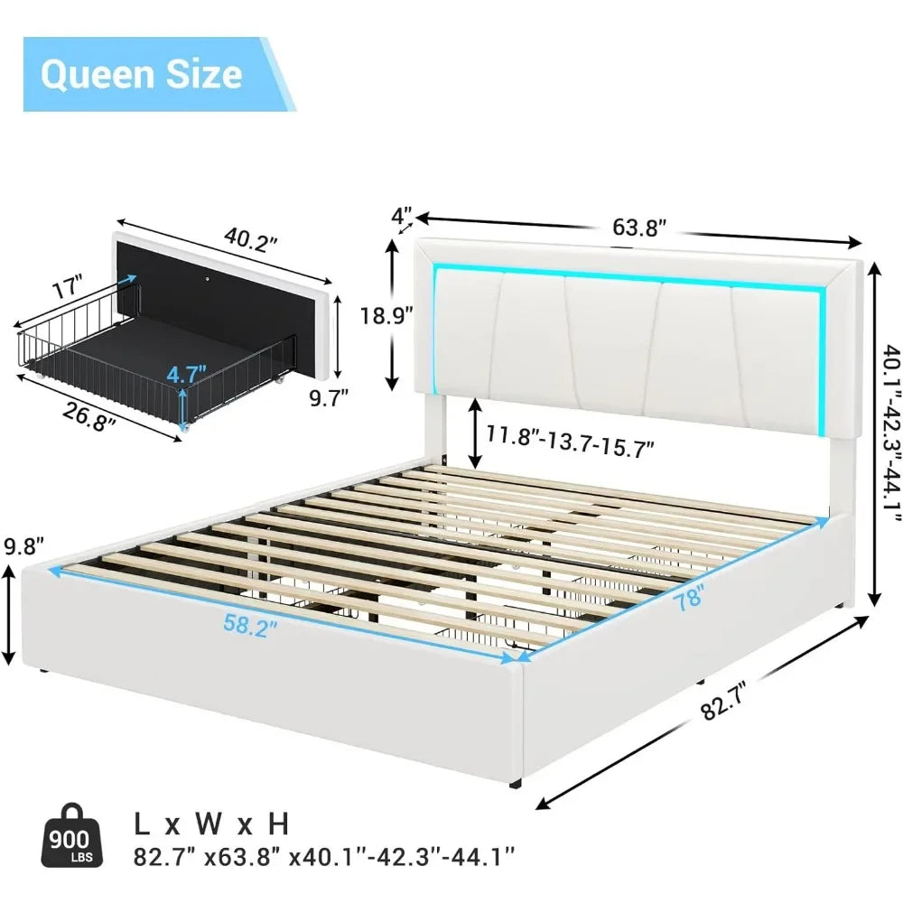 Queen Size LED Bed Frame, with Storage Drawer and USB Port,  Faux Leather Upholstered Headboard