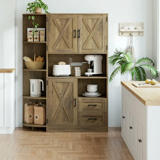 Farmhouse Kitchen Pantry Storage Cabinet, Freestanding Hutch with Doors & Shelves 60.4"