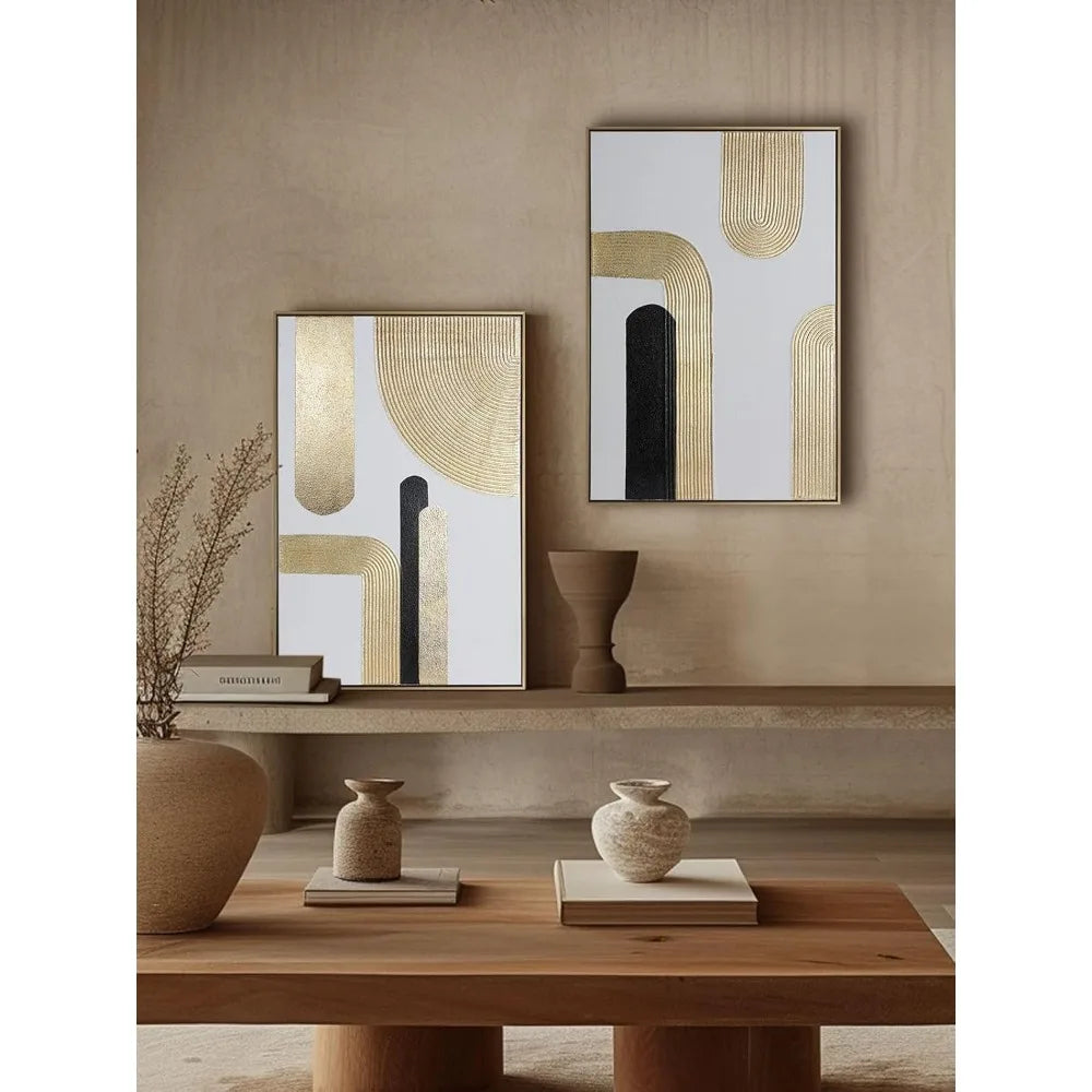 Black Gold Abstract Wall Art - Geometric Line Spiral Duo , Set of 2, 24 x 36 Inches