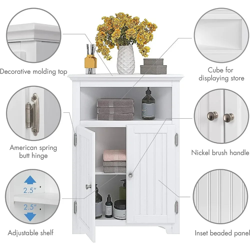 Bathroom Corner Storage Cabinet,  with Doors and Adjustable Shelves, White