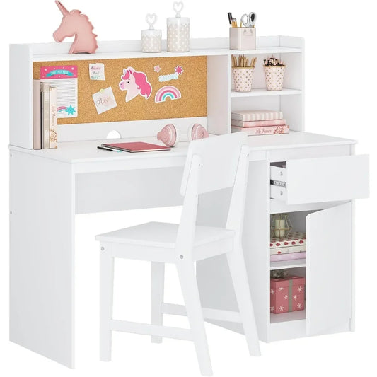 Kids Study Desk with Chair and Hutch and Storage Cabinet, Student Writing Desk