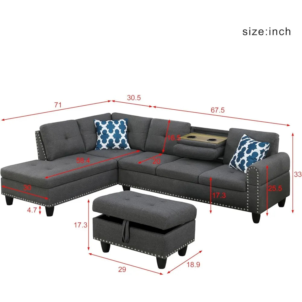 Convertible Sectional Sofa with Storage, 4 Seat L Shaped Couch with Chaise and Cup Holder