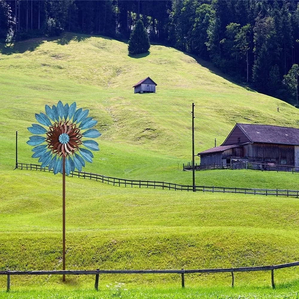 Garden Wind Spinner, Double Windmill Sculptures with Stable Metal Stake