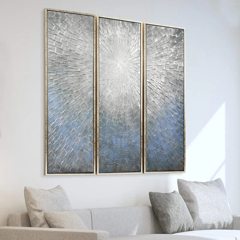 Abstract Wall Art Textured Hand Painted Canvas by Martin Edwards,  60" x 20" each, Silver Ice