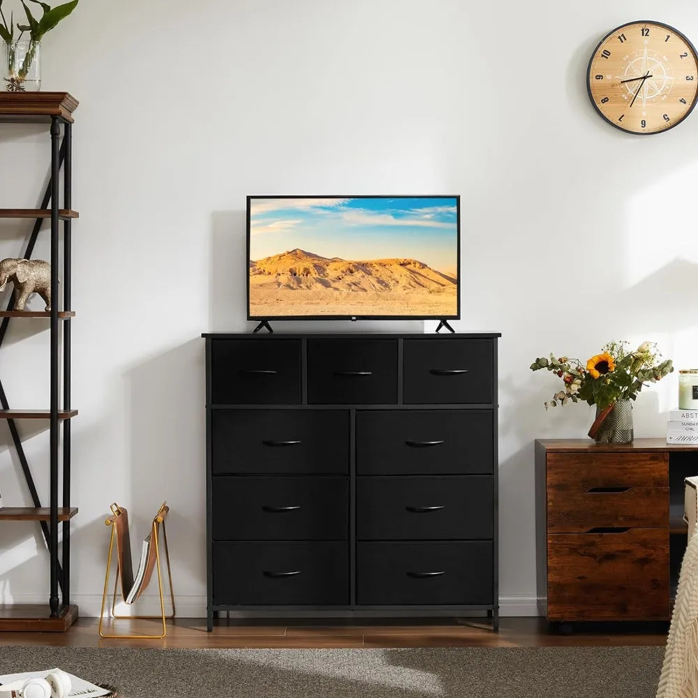 Dresser  with 9 Drawers, Metal Frame and Wood Tabletop