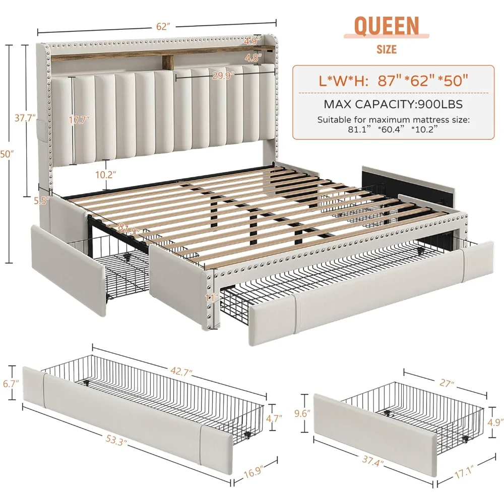 Queen Bed Frame, Upholstered Platform Bed Frame Queen Size with 3 Storage Drawers