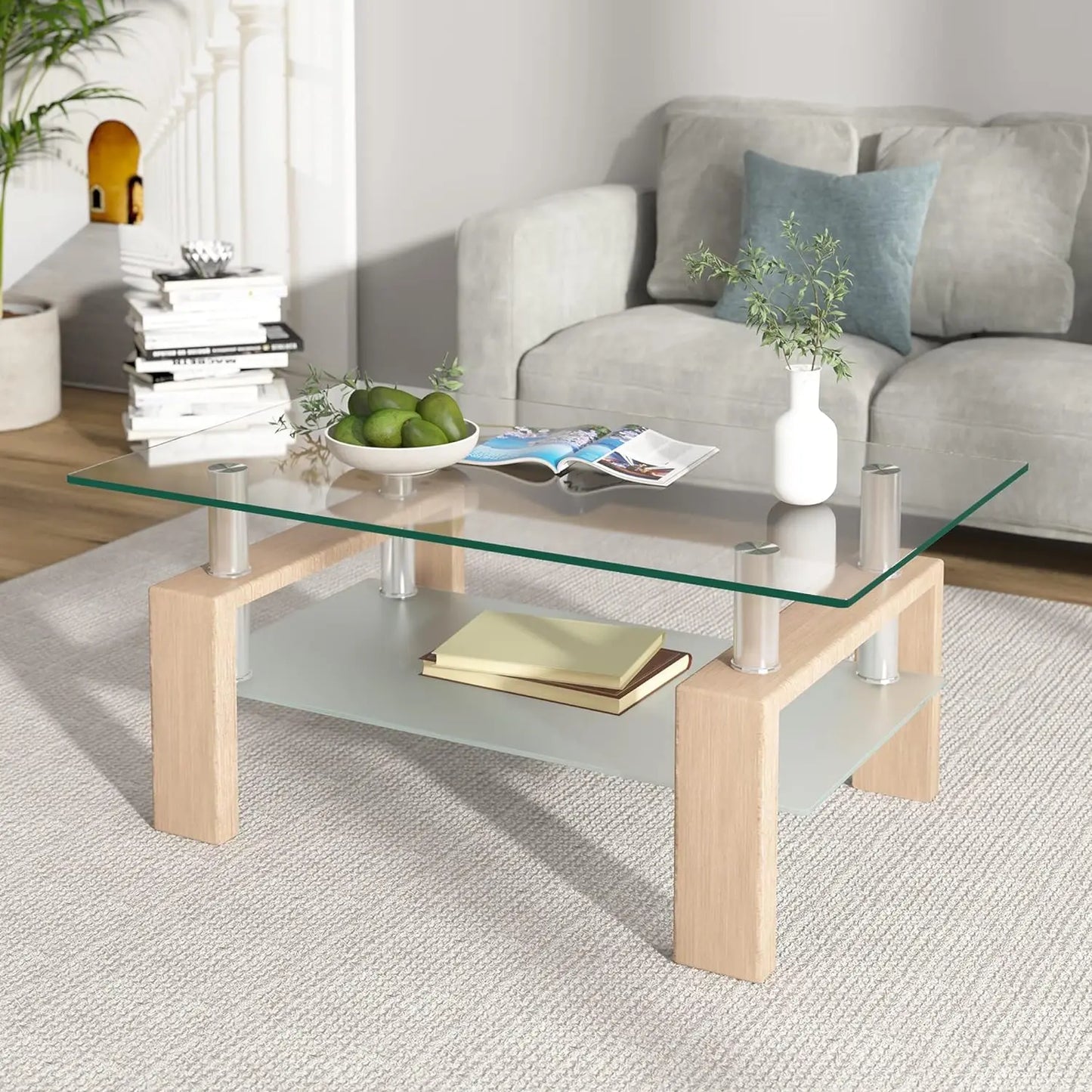 Rectangle Glass Coffee Table 2-Tier Tea Table Modern