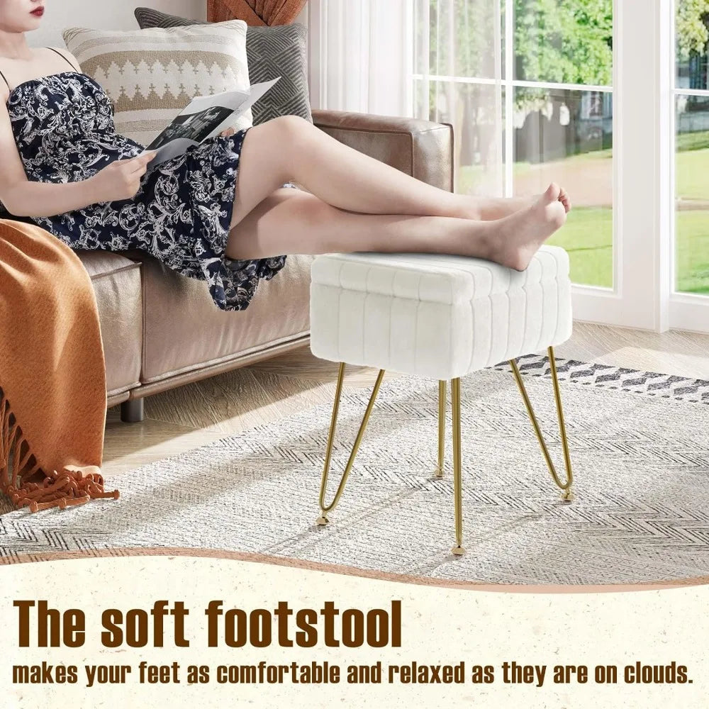 Vanity Stool Chair with Storage, Soft Ottoman 4 Metal Legs with Anti-Slip Feet