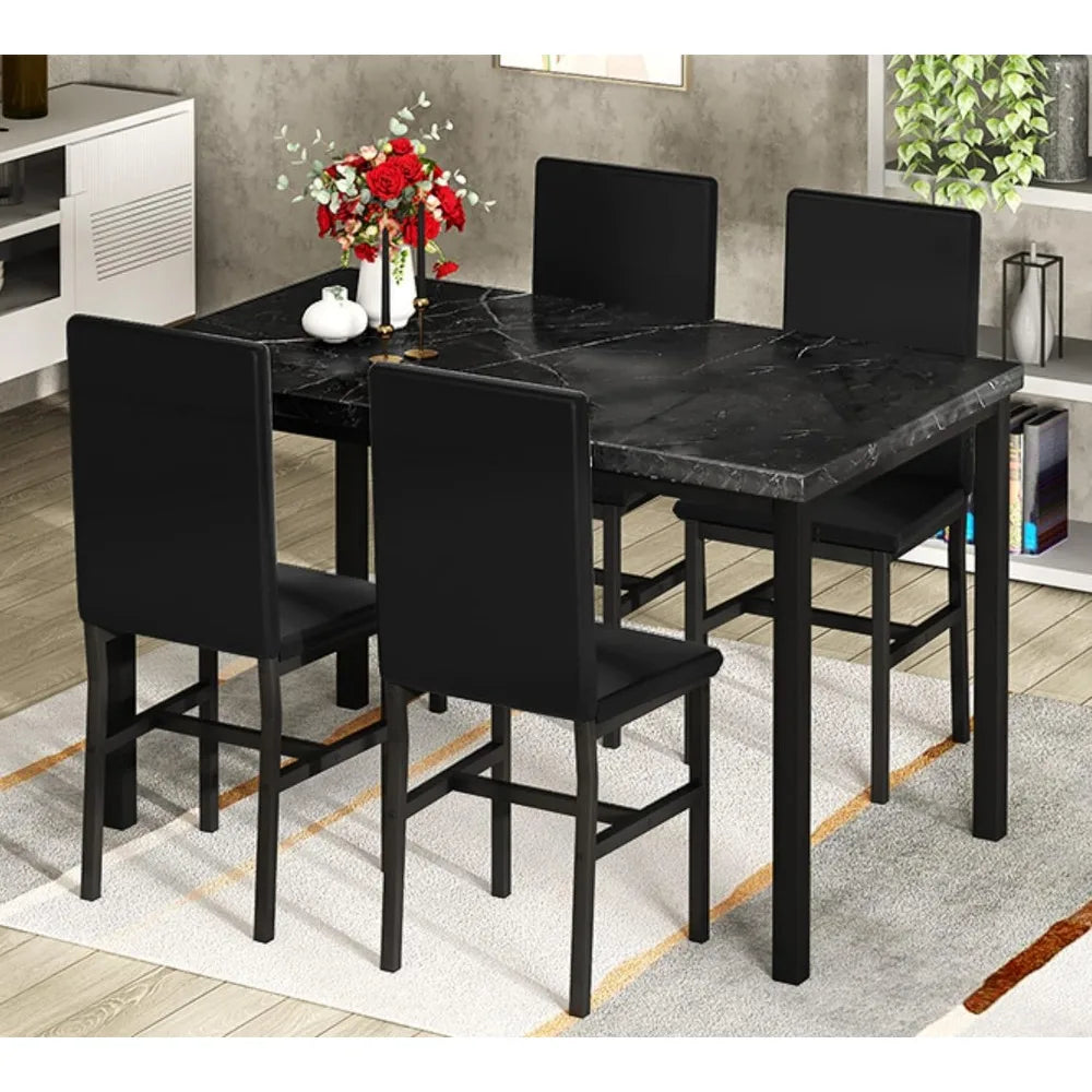 Black Kitchen Table and Chairs for 4, Compact Furniture Faux Marble Table