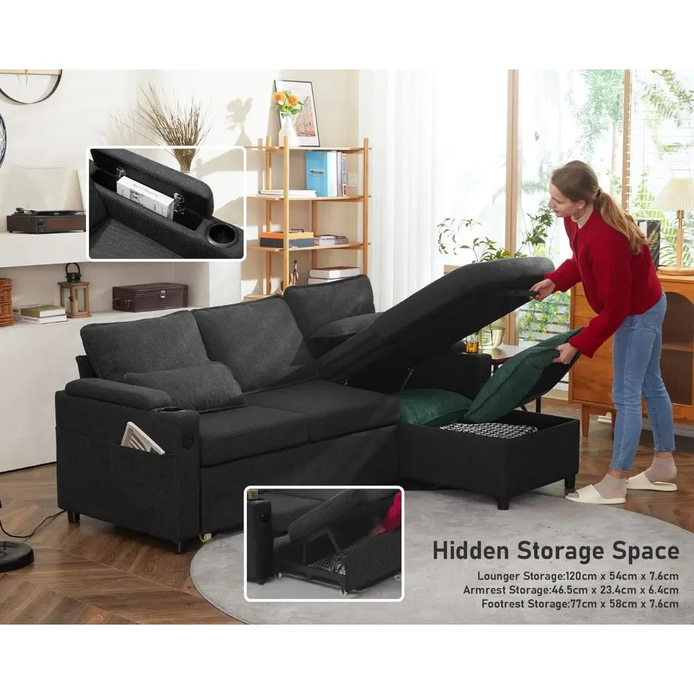 2 in 1 Sectional Sleeper Sofas Couches with Storage, USB Cup Holder