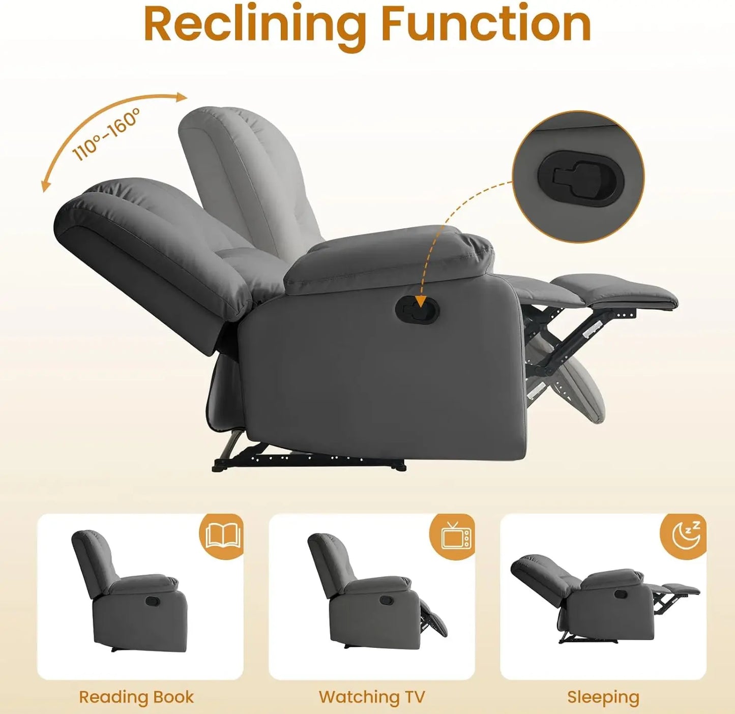 Manual Recliner Chair for Adults, Waterproof Leather Reclining Chairs for Small Spaces