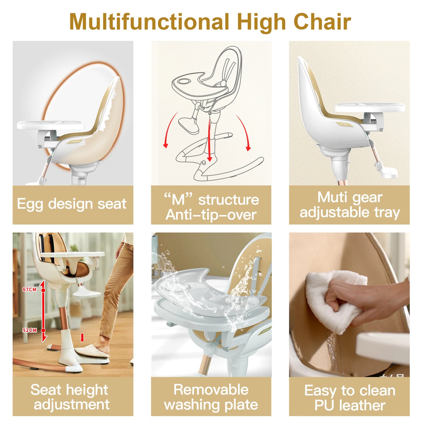 Hot Mom Baby High Chair With Adjustable Seat Height, Eating Chair with Foot Rest, Removable Tray