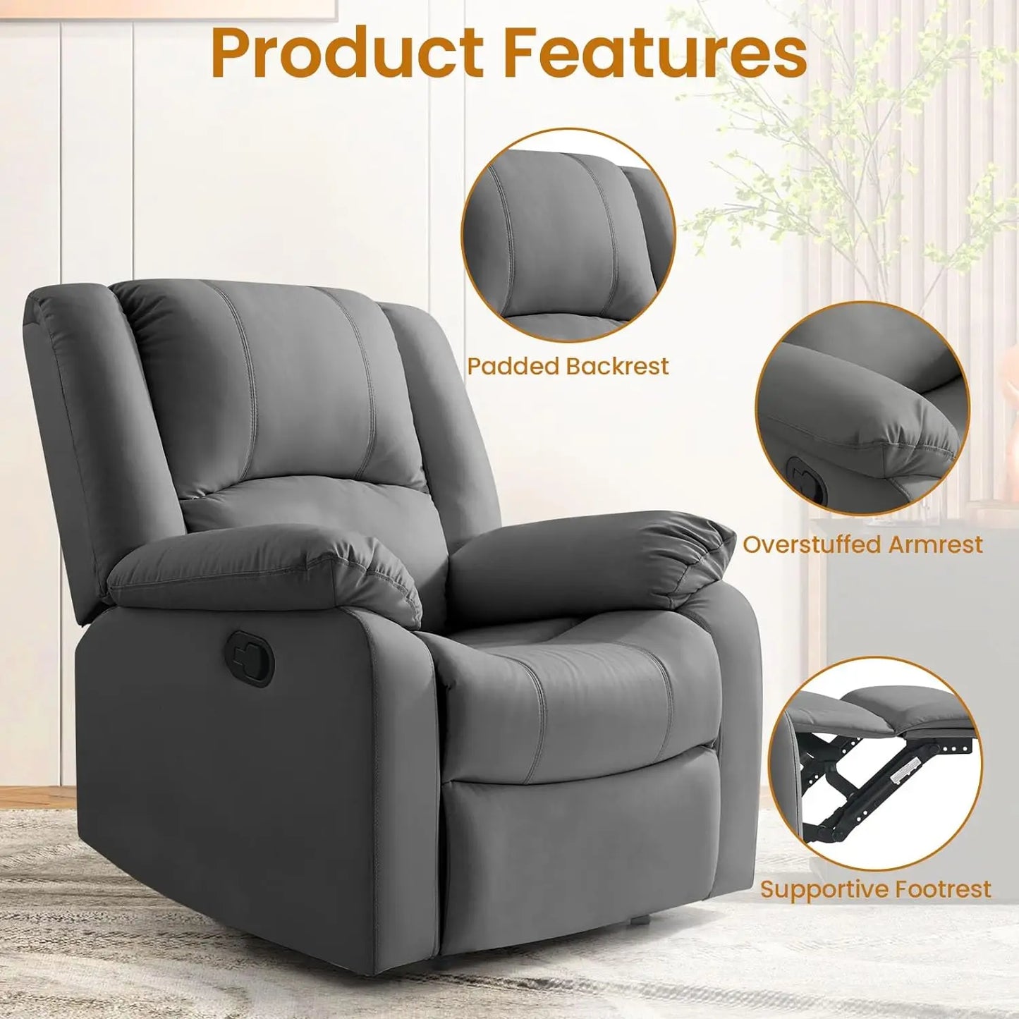 Manual Recliner Chair for Adults, Waterproof Leather Reclining Chairs for Small Spaces