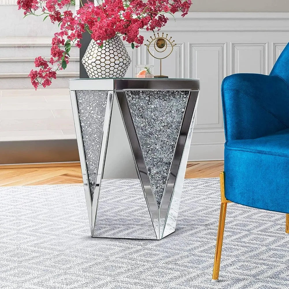 Silver Mirrored End Table, Crystal Inlay Side Table Accent Table, Small Mirrored Coffee Table