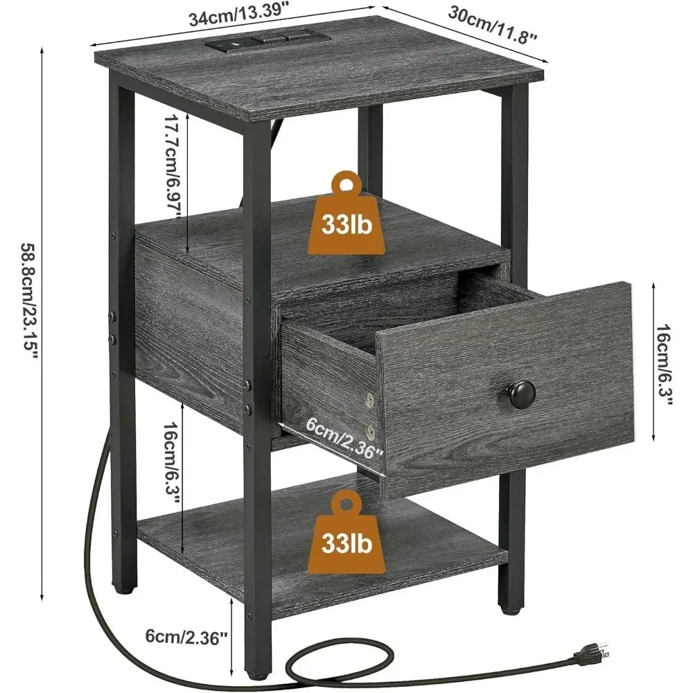 Nightstand with Charging Station, 3-Tier  with 2 USB Ports & 2 Power Outlets,