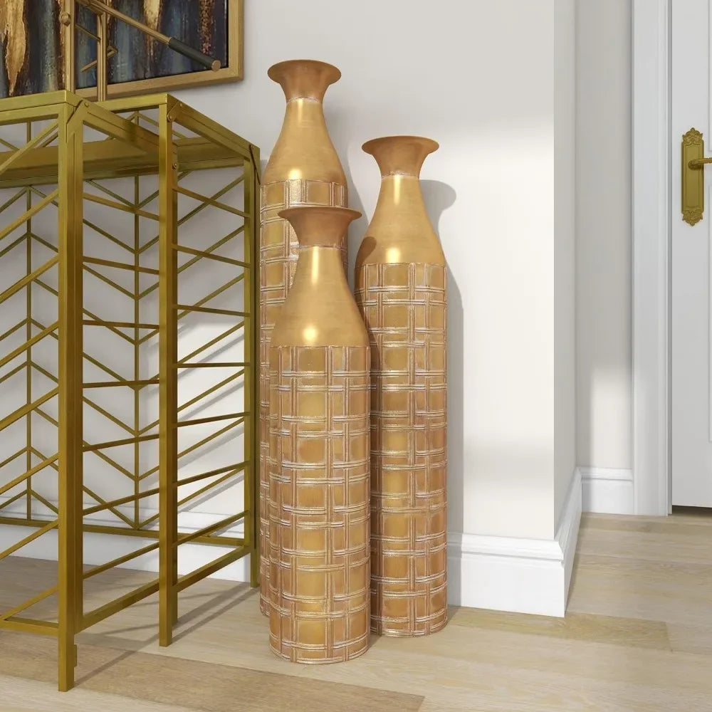 Tall Distressed Metallic Centerpiece Vases with Etched Grid Patterns Set of 3