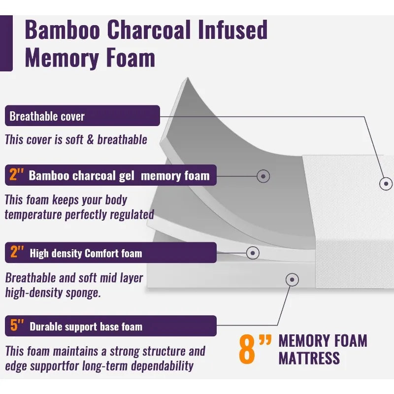 Memory Foam Mattress Cooling Gel Bamboo Charcoal Infused Mattress CertiPUR-US Certified