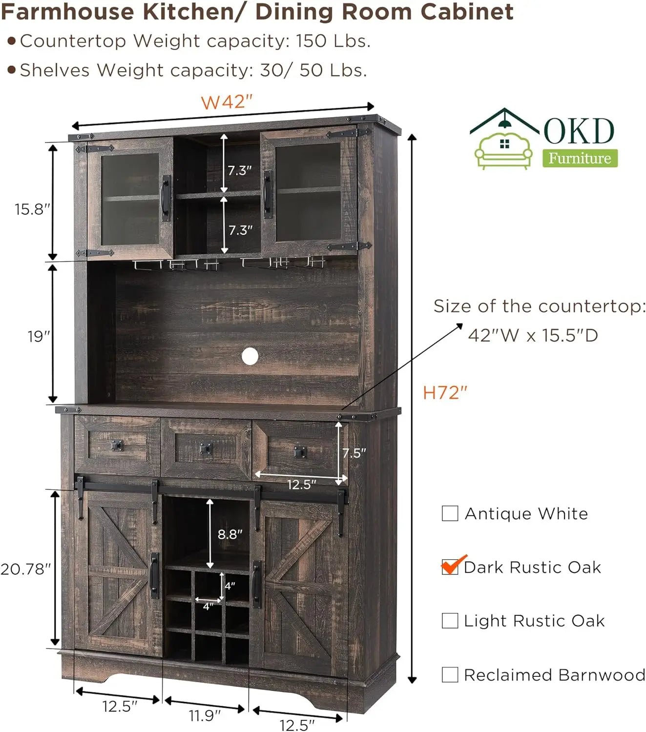 72" Farmhosue Bar Cabinet w/Sliding Barn Door, Wine & Glasses Rack, 3 Drawers, 12 Storage Shelves