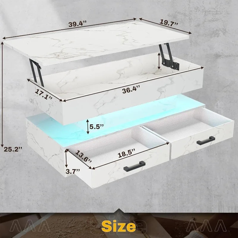 40" Lift Top Coffee Table with 2 Fabric Drawers & LED Light