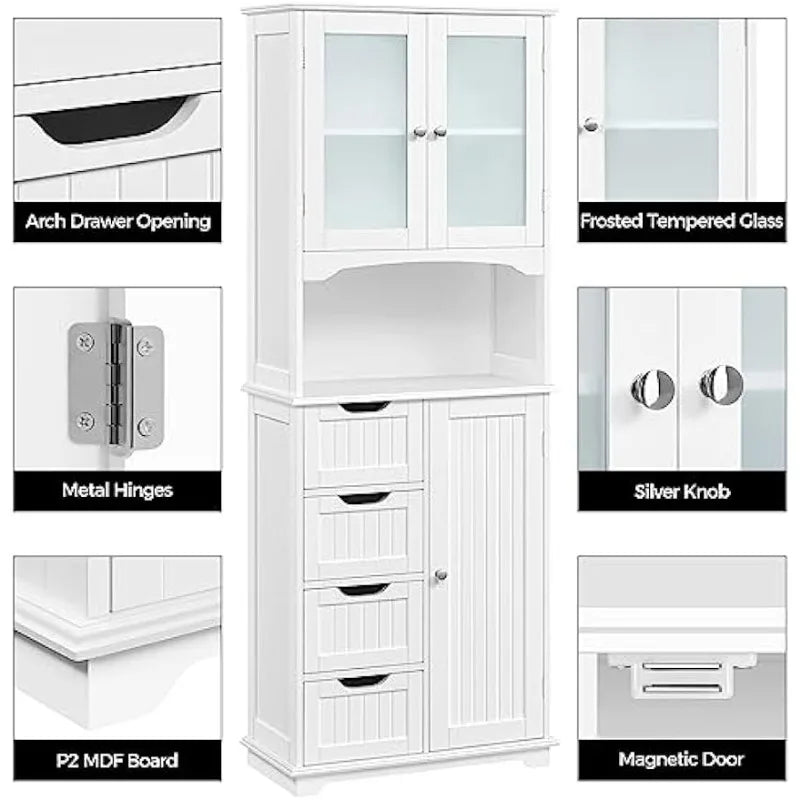 Tall Storage Cabinet with Glass Door, Bathroom or Kitchen  Floor Cabinet 65.5″