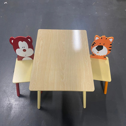 3 Pieces Toddler Table and Chair Set, Wooden Activity Play Table Set (Bear & Tiger)