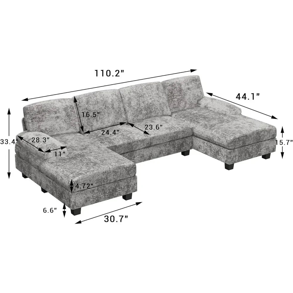 Couch Convertible Sectional Sofa Couch,4 Seat Sofa Set Grey U-Shaped Fabric Modular Sleeper