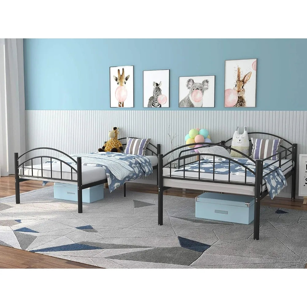 Bunk Beds Frame , Converts to 2 Individual Metal Bed Frame, Removable Ladder & Safety Guard Rail