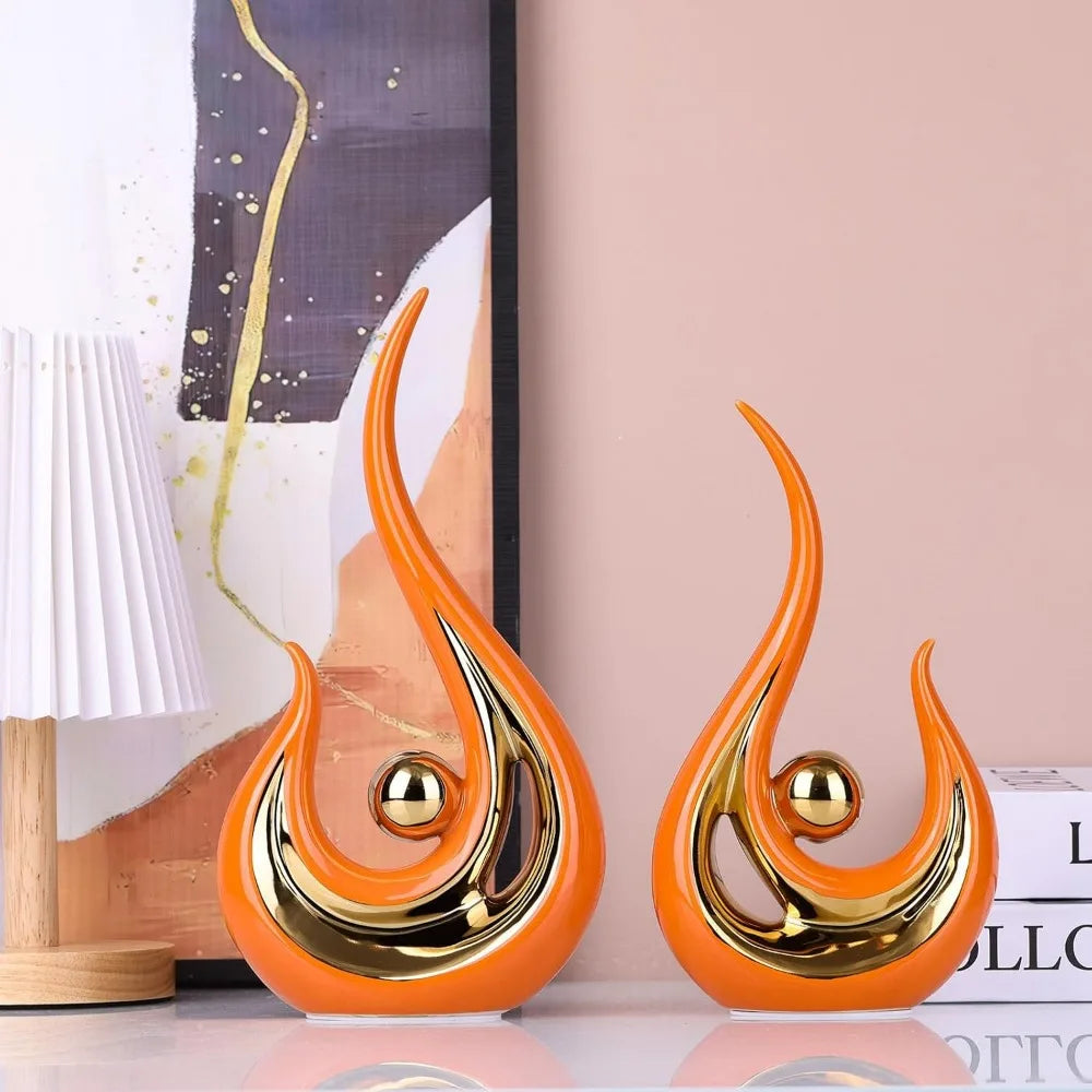 Modern Abstract Orange And Gold Ceramic Decor, Ceramic Statue