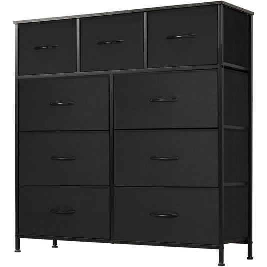 Dresser  with 9 Drawers, Metal Frame and Wood Tabletop