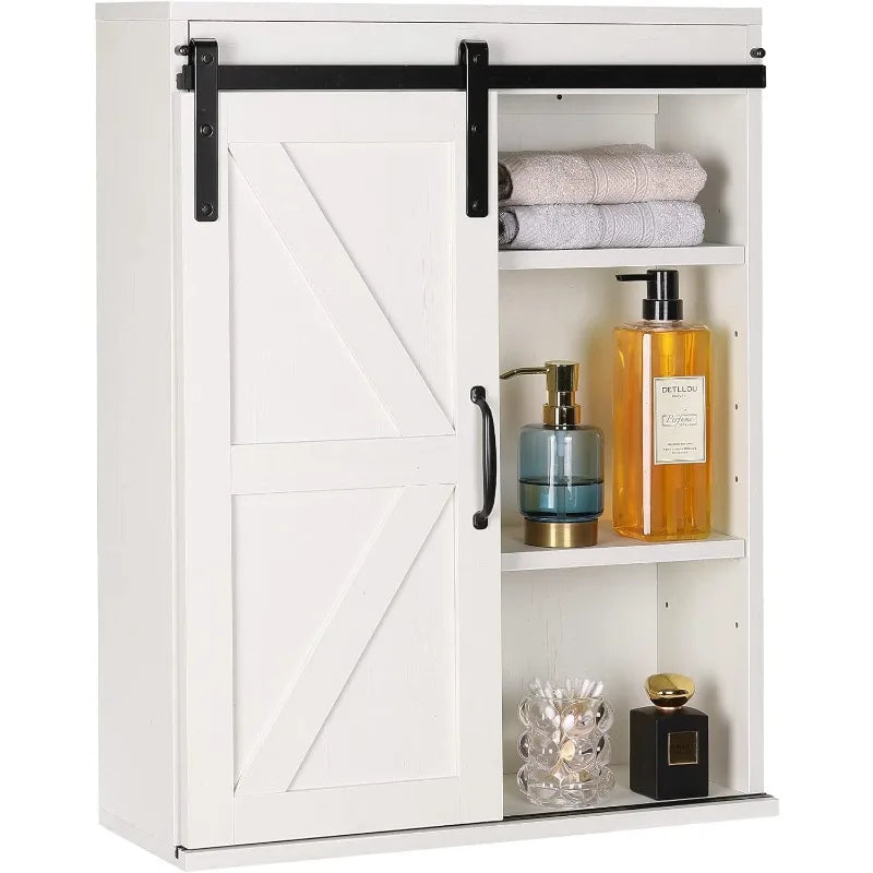 Farmhouse Wood Wall Storage Bathroom Cabinet with Sliding Barn Door and Adjustable Shelf