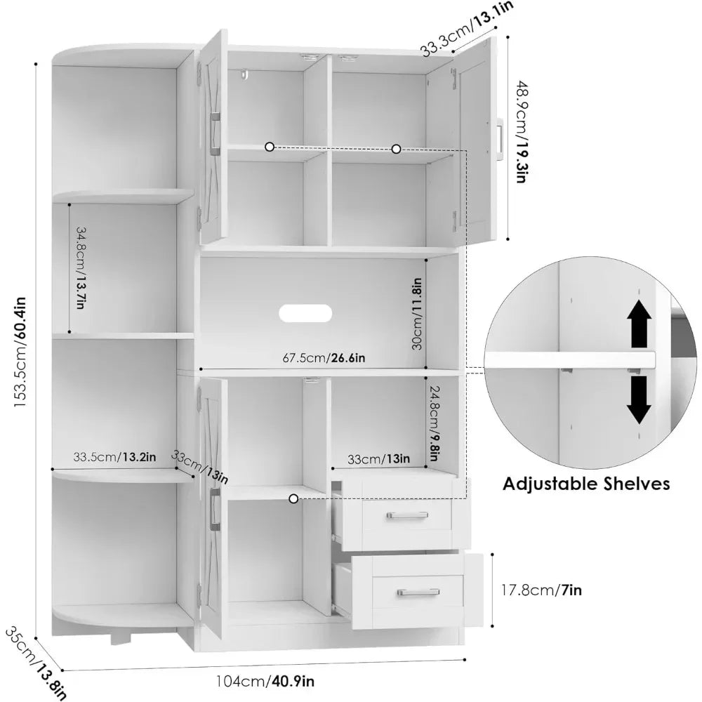 Freestanding Kitchen Storage Cabinet with Doors and Shelves, 60.4" with Microwave Shelf, White