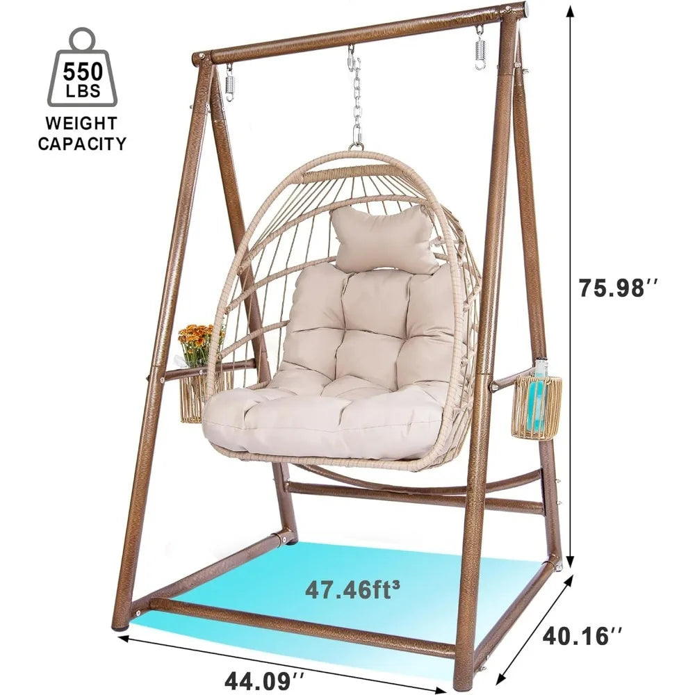 Swing Egg Wicker Chair, Reinforced Solid Structure Hammock Stand with 2 Storage Baskets & 3Hooks