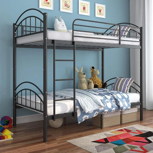 Bunk Beds Frame , Converts to 2 Individual Metal Bed Frame, Removable Ladder & Safety Guard Rail