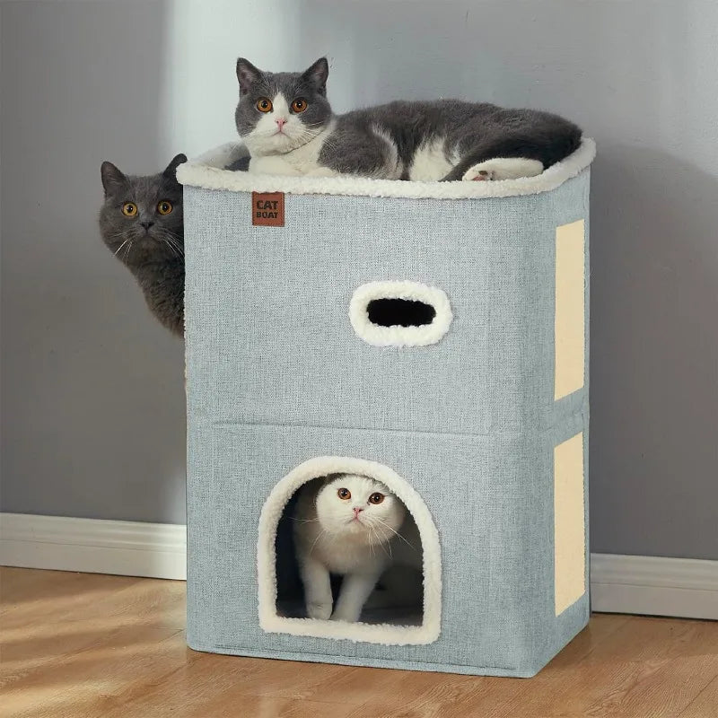 2-Story Cat House for Indoor Cats with Scratch Pad and Hideaway Cave, Cute Modern Cat Condo