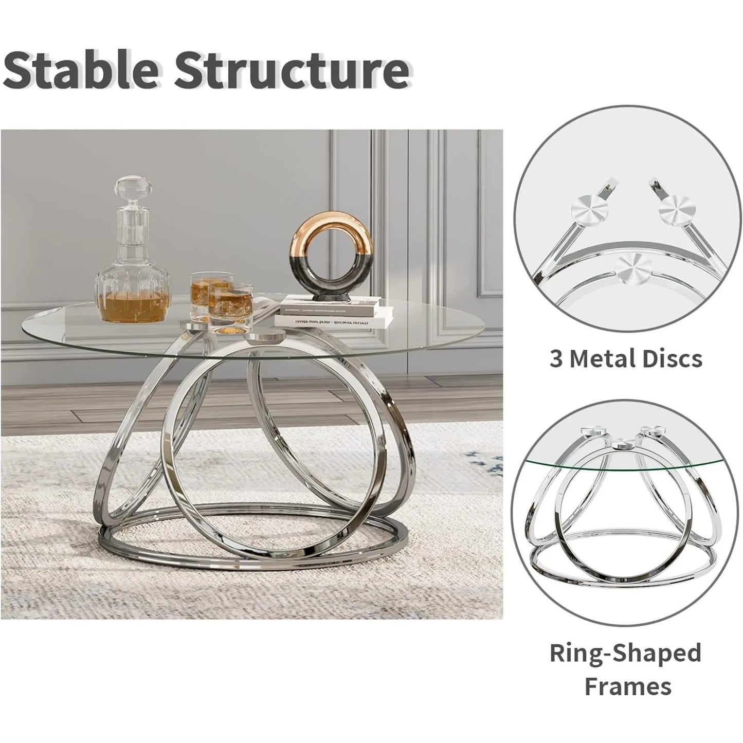 Round Coffee Table with Ring-Shaped Frames, Glass Top