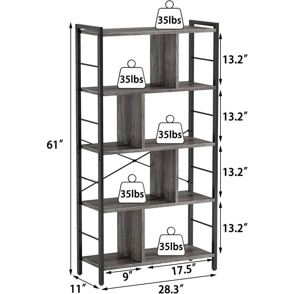 5 Tier Tall Modern Bookcase Wood Metal Frame Standing Book Shelf