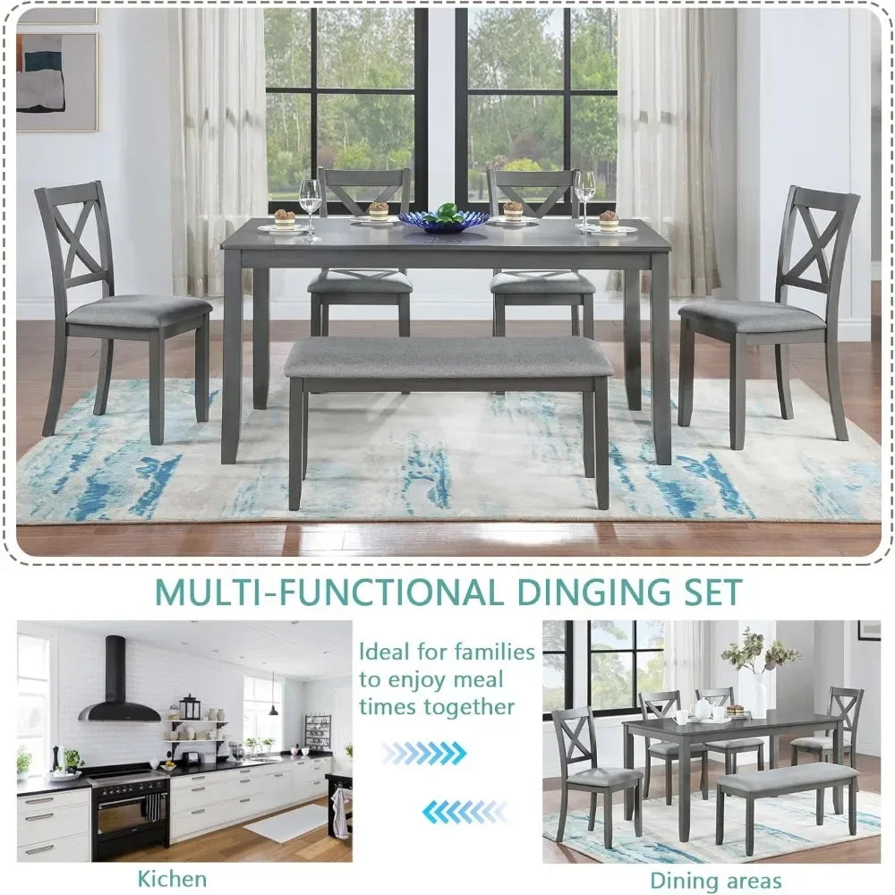 Dining Table Set for 6,Farmhouse Kitchen Table Set with 4 Upholstered Chairs and 1 Bench,Solid Wood