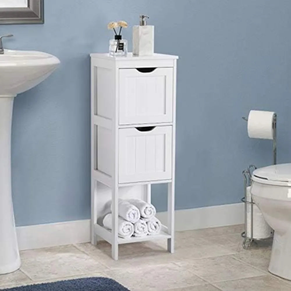 Bathroom Floor Cabinet, Wooden Storage Cabinet with 2 Drawers, White