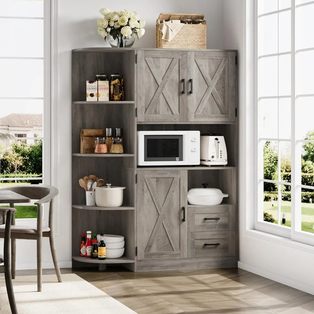 Farmhouse Kitchen Pantry Storage Cabinet, Freestanding Hutch with Doors & Shelves 60.4"