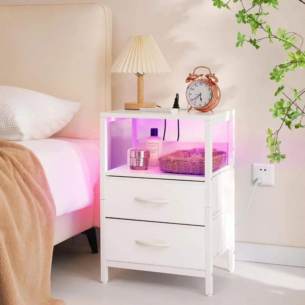 Nightstand with Charging Station, LED Night Stand with Fabric Drawers and Storage Shelf