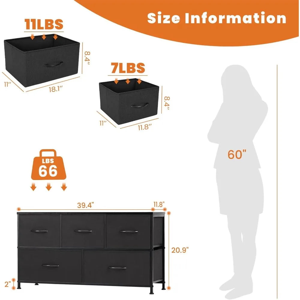 Dresser for Bedroom with 5 Fabric Drawers,  Lightweight Quick Assemble Cabinet