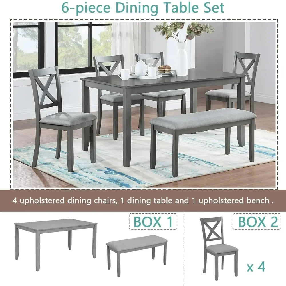 Dining Table Set for 6,Farmhouse Kitchen Table Set with 4 Upholstered Chairs and 1 Bench,Solid Wood