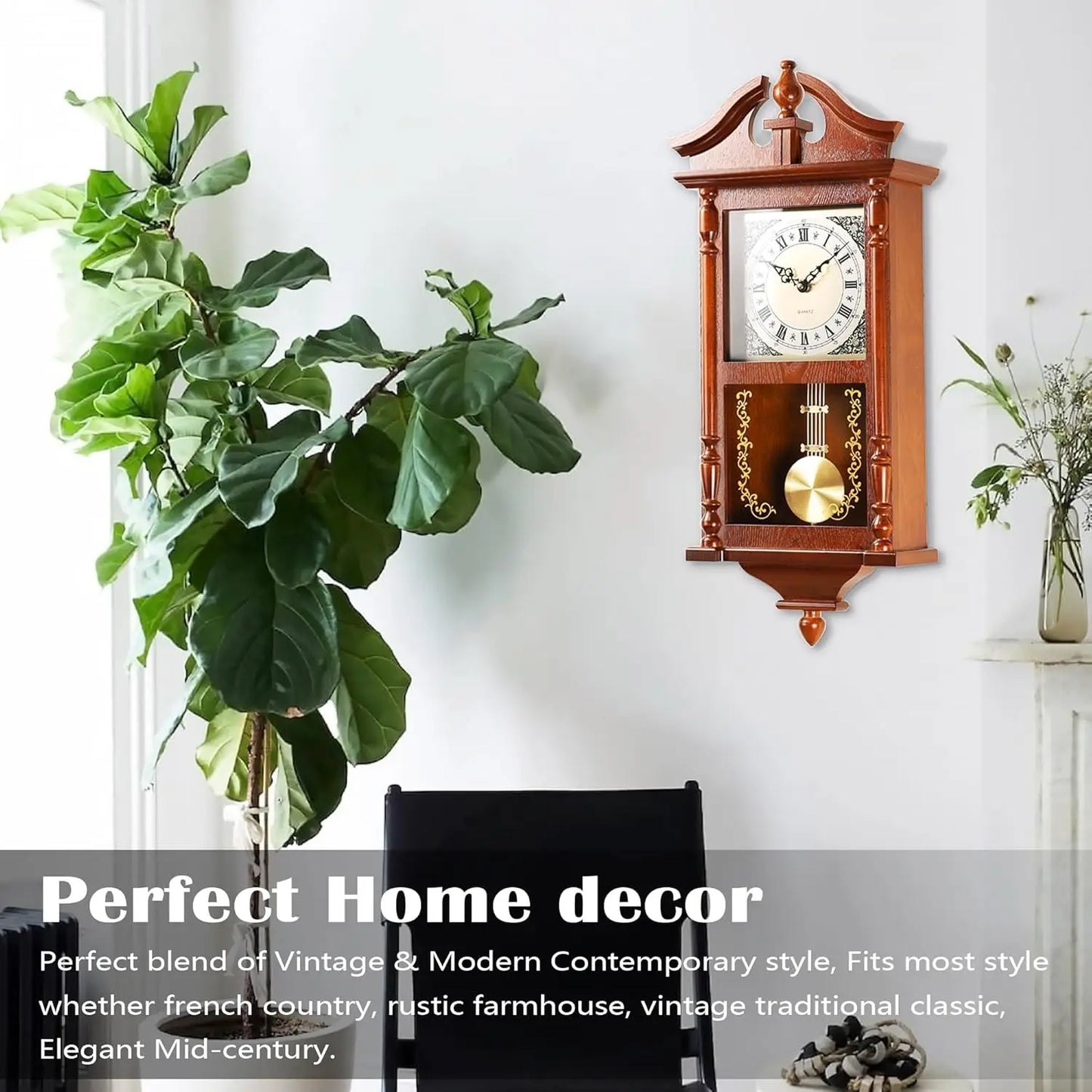 Hour/quarter-hour Chime, Rubberwood Frame, Large Vintage Wall Clock for Living Room