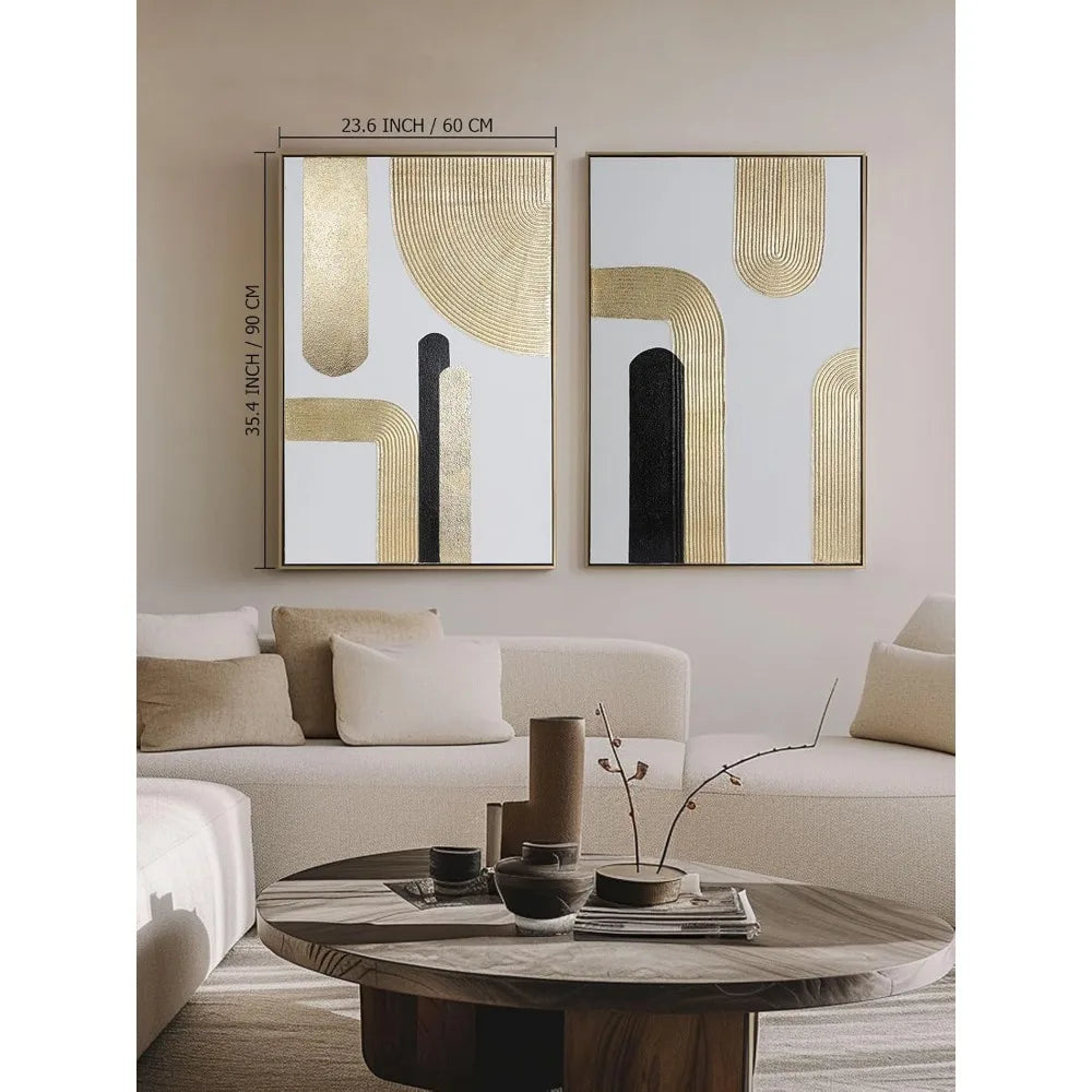 Black Gold Abstract Wall Art - Geometric Line Spiral Duo , Set of 2, 24 x 36 Inches