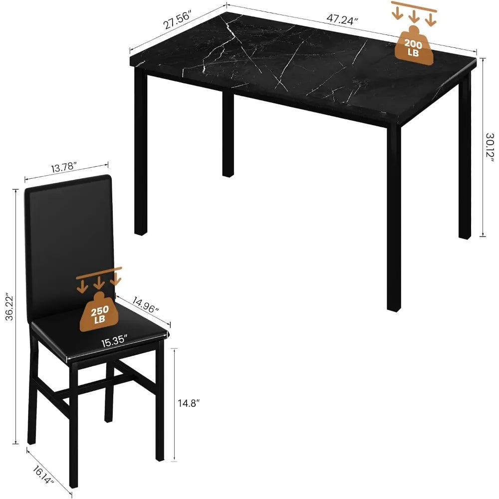 Black Kitchen Table and Chairs for 4, Compact Furniture Faux Marble Table